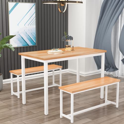 Recaceik 3 Piece Dining Table Set, 47.2" Kitchen Table and Chairs for 4, Dining Table with 2 Benches, Sturdy Structure, Space-Saving Dining Room Furniture Set Perfect for Breakfast Nook, Restaurant