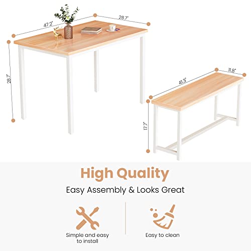 Recaceik 3 Piece Dining Table Set, 47.2" Kitchen Table and Chairs for 4, Dining Table with 2 Benches, Sturdy Structure, Space-Saving Dining Room Furniture Set Perfect for Breakfast Nook, Restaurant