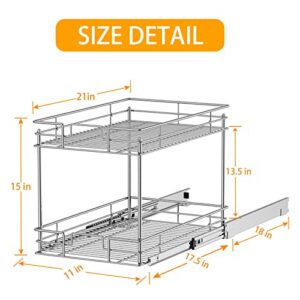 ROOMTEC New Version Pull Out Cabinet Organizer for Base Cabinet (11" W X 21" D), Kitchen Cabinet Organizer and Storage 2-Tier Cabinet Pull Out Shelves Under Cabinet Storage for Kitchen Silver,Chrome