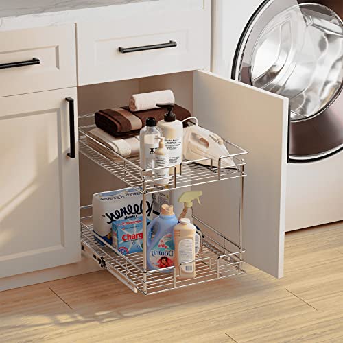 ROOMTEC New Version Pull Out Cabinet Organizer for Base Cabinet (11" W X 21" D), Kitchen Cabinet Organizer and Storage 2-Tier Cabinet Pull Out Shelves Under Cabinet Storage for Kitchen Silver,Chrome