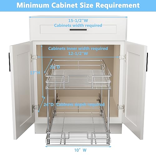 ROOMTEC New Version Pull Out Cabinet Organizer for Base Cabinet (11" W X 21" D), Kitchen Cabinet Organizer and Storage 2-Tier Cabinet Pull Out Shelves Under Cabinet Storage for Kitchen Silver,Chrome