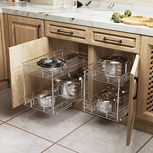 ROOMTEC New Version Pull Out Cabinet Organizer for Base Cabinet (11" W X 21" D), Kitchen Cabinet Organizer and Storage 2-Tier Cabinet Pull Out Shelves Under Cabinet Storage for Kitchen Silver,Chrome