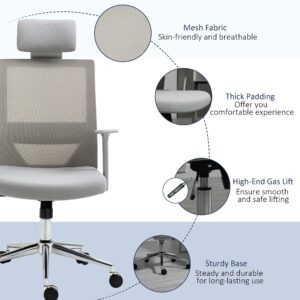 Vinsetto High Back Office Chair, Swivel Task Chair with Lumbar Back Support, Breathable Mesh, and Adjustable Height, Headrest, Grey