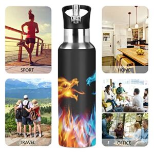 Kcldeci Red Blue Fire Dragon Sports Water Bottle 20 Oz Straw Lid Leak Proof Vacuum Insulated Stainless Steel Water Bottles Hot Cold Double Walled Thermo Mug Tumbler Travel Cup