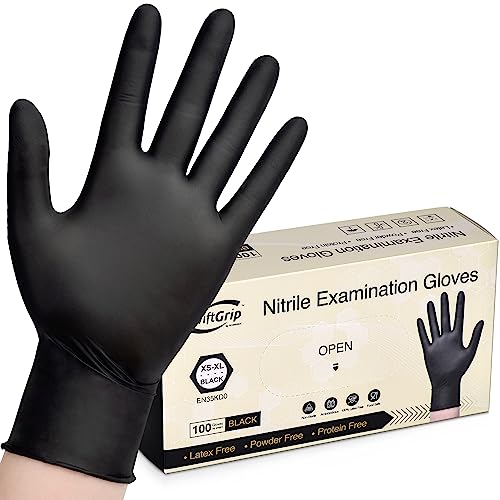 SwiftGrip Disposable Nitrile Exam Gloves, 3-mil, Black Nitrile Gloves Disposable Latex Free for Medical, Cooking & Esthetician, Food-Safe Rubber Gloves, Powder Free, Non-Sterile, 100-ct Box (Medium)