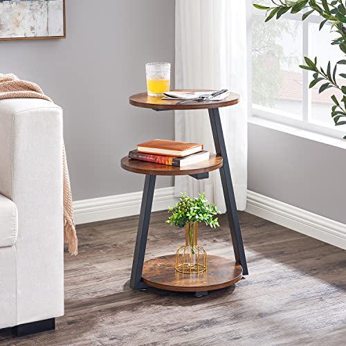 BEWISHOME Round End Table Side Table with Metal Frame, Accent Table Nightstand Bedside Table with 3-Tier Shelves, Small Table for Living Room Bedroom Couch Table Patent ID29897359 Rustic Brown KTZ41Z