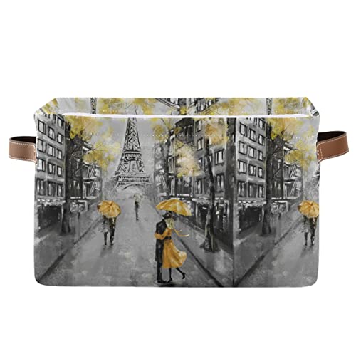 xigua Paris Eiffel TowerParis Theme Collapsible Canvas Square Storage Basket,Waterproof Laundry Basket with Leather Handle for Home Decor,14.2 x 10.2 x 8.3 Inch