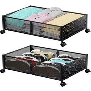 under bed storage, under the bed storage containers with wheels, under bed shoe storage organizer drawer, tool-free assembly metal underbed storage containers for bedroom clothes shoes blankets -2pck