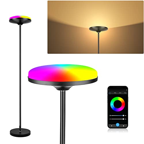 Smart Floor Lamp, 2700-6500K+RGBPink Multicolors Scene DIY Torch Floor Lamp, 24W 2400LM Dimmable Tall Standing Lamp Work with Alexa Google Home,WiFi Remote Control RGB Floor Lamp for Living Room