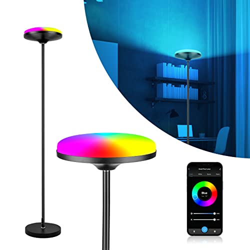 Smart Floor Lamp, 2700-6500K+RGBPink Multicolors Scene DIY Torch Floor Lamp, 24W 2400LM Dimmable Tall Standing Lamp Work with Alexa Google Home,WiFi Remote Control RGB Floor Lamp for Living Room