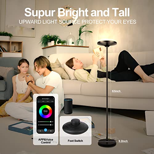 Smart Floor Lamp, 2700-6500K+RGBPink Multicolors Scene DIY Torch Floor Lamp, 24W 2400LM Dimmable Tall Standing Lamp Work with Alexa Google Home,WiFi Remote Control RGB Floor Lamp for Living Room