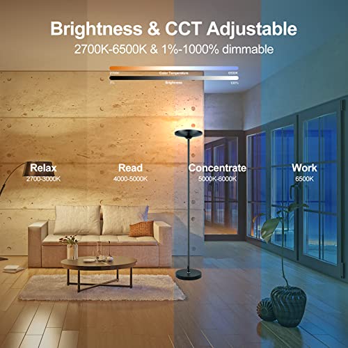 Smart Floor Lamp, 2700-6500K+RGBPink Multicolors Scene DIY Torch Floor Lamp, 24W 2400LM Dimmable Tall Standing Lamp Work with Alexa Google Home,WiFi Remote Control RGB Floor Lamp for Living Room