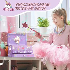 efubaby Musical Jewelry Box for Girls 3 Layer Jewelry Organizer with Drawers Spinning Ballerina Unicorn Design Included Unicorn Jewelry Set Kids Birthday Christmas Gifts for Girls, Purple