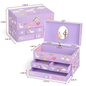 efubaby Musical Jewelry Box for Girls 3 Layer Jewelry Organizer with Drawers Spinning Ballerina Unicorn Design Included Unicorn Jewelry Set Kids Birthday Christmas Gifts for Girls, Purple