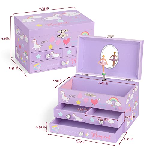 efubaby Musical Jewelry Box for Girls 3 Layer Jewelry Organizer with Drawers Spinning Ballerina Unicorn Design Included Unicorn Jewelry Set Kids Birthday Christmas Gifts for Girls, Purple