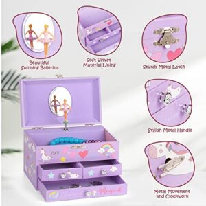 efubaby Musical Jewelry Box for Girls 3 Layer Jewelry Organizer with Drawers Spinning Ballerina Unicorn Design Included Unicorn Jewelry Set Kids Birthday Christmas Gifts for Girls, Purple