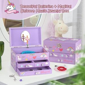 efubaby Musical Jewelry Box for Girls 3 Layer Jewelry Organizer with Drawers Spinning Ballerina Unicorn Design Included Unicorn Jewelry Set Kids Birthday Christmas Gifts for Girls, Purple