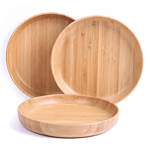 cluzelar Bamboo Plates 7.5Inch Round Bamboo Plates Reusable Kids Dinner Plates Tableware Set of 3 Wooden Plates Lightweight Dishes Snack, Dessert, Unbreakable Classic Plates