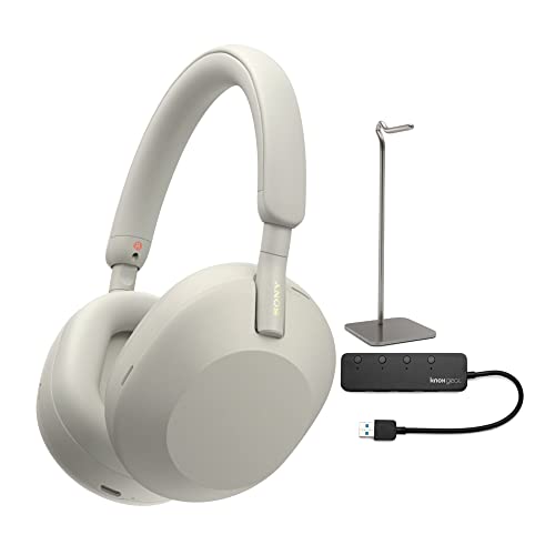 Sony WH-1000XM5 Wireless Noise Canceling Over-Ear Headphones (Silver) with Knox Gear 4-Port USB 3.0 Hub and Alloy Headphone Stand Bundle (3 Items)