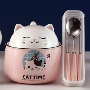 Ramen Bowl with Lid, Cute Cat Instant Noodle Bowl, 34.5 OZ Ramen Cooker with Chopsticks and Spoon, Bowl with Handle For Soup, Salad, Cereal, Pasta, Dessert(Pink)