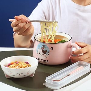 Ramen Bowl with Lid, Cute Cat Instant Noodle Bowl, 34.5 OZ Ramen Cooker with Chopsticks and Spoon, Bowl with Handle For Soup, Salad, Cereal, Pasta, Dessert(Pink)