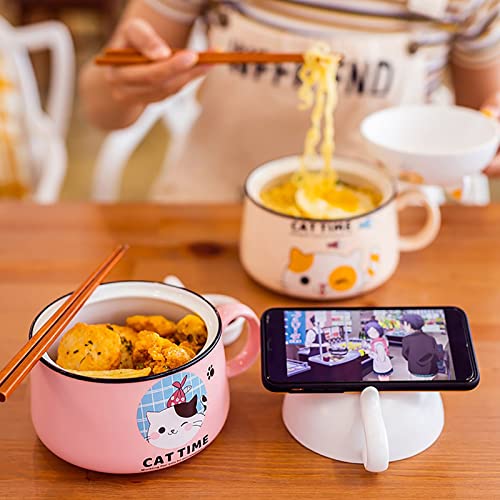 Ramen Bowl with Lid, Cute Cat Instant Noodle Bowl, 34.5 OZ Ramen Cooker with Chopsticks and Spoon, Bowl with Handle For Soup, Salad, Cereal, Pasta, Dessert(Pink)