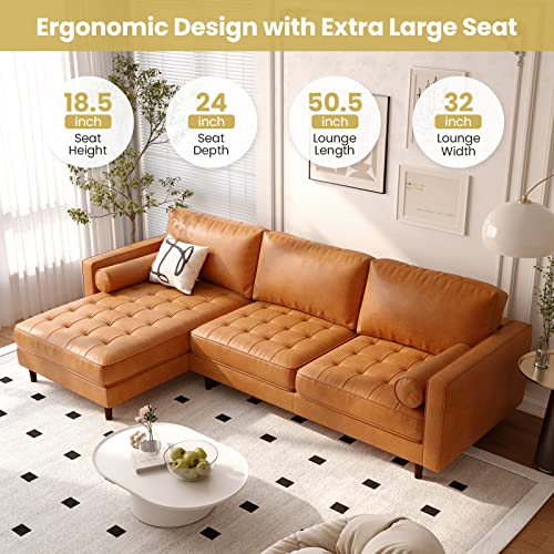 Giantex Sectional Sofa Couch with Chaise Lounge, L-Shaped 3-Seat Sofa Sleeper, CertiPUR-US Sponge Air Leather, 9 Birch Wood Legs, Backrest and Bolsters, for Living Room Apartment Office Easy Assembly