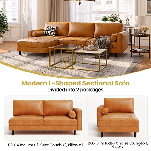 Giantex Sectional Sofa Couch with Chaise Lounge, L-Shaped 3-Seat Sofa Sleeper, CertiPUR-US Sponge Air Leather, 9 Birch Wood Legs, Backrest and Bolsters, for Living Room Apartment Office Easy Assembly