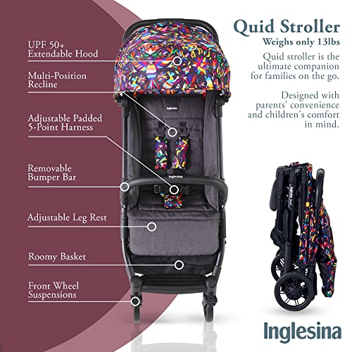 Inglesina Quid Baby Stroller - Lightweight at 13 lbs, Travel Friendly, Ultra Compact & Folding - Fits in Airplane Cabin & Overhead - for Toddlers from 3 Months to 50 lbs - Maya Black (Otomi-Inspired)