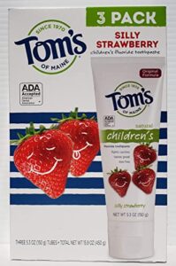 tom's of maine anticavity fluoride children's toothpaste, kids toothpaste, natural toothpaste, silly strawberry, 5.3 ounce (pack of 3), original formula, ada accepted