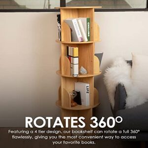 Rotating Bookshelf 360 Display, 4 Tier Floor Standing Bookcase for Kids & Adults, Solid Wood Narrow Spinning Bookshelf Organizer for Study Room, Living Room, Classroom & Bedroom.