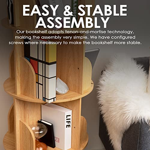 Rotating Bookshelf 360 Display, 4 Tier Floor Standing Bookcase for Kids & Adults, Solid Wood Narrow Spinning Bookshelf Organizer for Study Room, Living Room, Classroom & Bedroom.