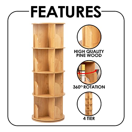 Rotating Bookshelf 360 Display, 4 Tier Floor Standing Bookcase for Kids & Adults, Solid Wood Narrow Spinning Bookshelf Organizer for Study Room, Living Room, Classroom & Bedroom.