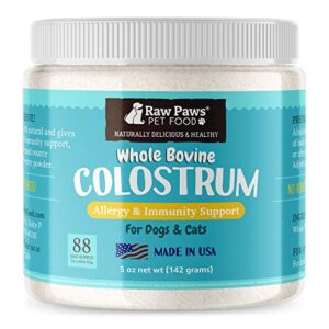 raw paws pet bovine colostrum for dogs allergies & immune support, 5-oz - made in usa, pure bovine colostrum powder for cats - bovine colostrum dogs daily supplement - colostrum for puppies & kittens