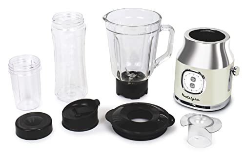 Classic Retro Electric Pulse Blender, 1 Liter Glass Pitcher, Includes Tritan Personal Travel Bottle With Lid And Storage Container, High Power 300 Watts Crushes And Pulverizes Ice Cubes