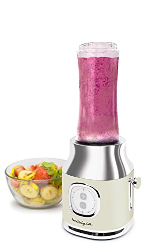 Classic Retro Electric Pulse Blender, 1 Liter Glass Pitcher, Includes Tritan Personal Travel Bottle With Lid And Storage Container, High Power 300 Watts Crushes And Pulverizes Ice Cubes