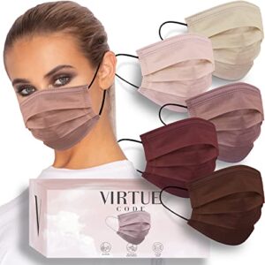virtue code balance face masks - soft 3 ply comfort face masks, colorful disposable face mask 50 pack. desert rose colored masks. adults mens and womens disposable face masks