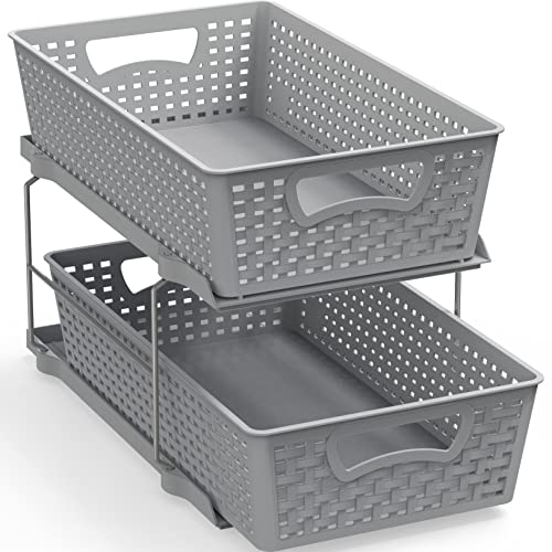 SimpleHouseware 2 Tier Bathroom Organizer Tray Pull-Out Sliding Drawer/Under-Sink Storage, Grey