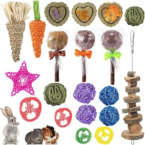 RUNANIA 20 Pcs Rabbit Chew Toys for Teeth, Natural Wood Sticks Timothy Chew Toys for Rabbit Bunny Guinea Pig Hamster Chinchilla