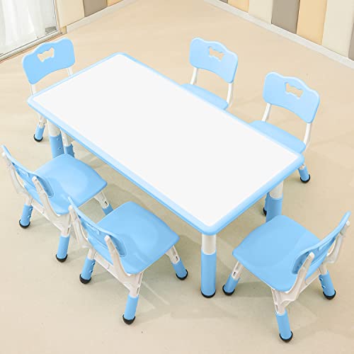 monleelnom Children's Table and Chair Set Suitable for Boys and Girls Age 2-12 Height Adjustable Table top Can be Painted with 6 Seats Suitable for Family Learning Daily use (Sky blueBlue)