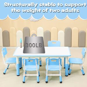 monleelnom Children's Table and Chair Set Suitable for Boys and Girls Age 2-12 Height Adjustable Table top Can be Painted with 6 Seats Suitable for Family Learning Daily use (Sky blueBlue)