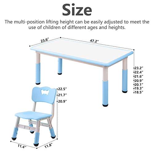 monleelnom Children's Table and Chair Set Suitable for Boys and Girls Age 2-12 Height Adjustable Table top Can be Painted with 6 Seats Suitable for Family Learning Daily use (Sky blueBlue)