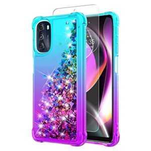 yzok for moto g 5g 2022 case,moto g 5g 2022 case with hd screen protector,gradient quicksand glitter liquid floating waterfall durable girls cute phone case for motorola g 5g 2022 (teal/purple)