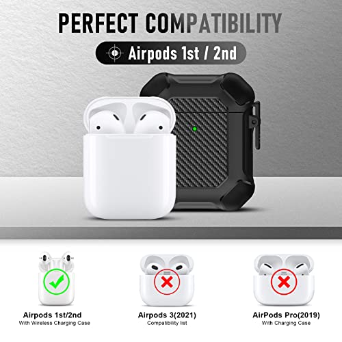 Maxjoy for AirPods Case, Carbon Fiber Secure Lock Clip Full Body Shockproof Hard Shell Protective Case Cover with Keychain for AirPod 1st and 2nd Generation Wireless Charging Case, Black
