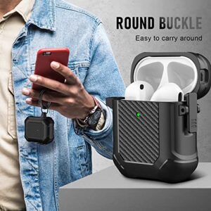 Maxjoy for AirPods Case, Carbon Fiber Secure Lock Clip Full Body Shockproof Hard Shell Protective Case Cover with Keychain for AirPod 1st and 2nd Generation Wireless Charging Case, Black