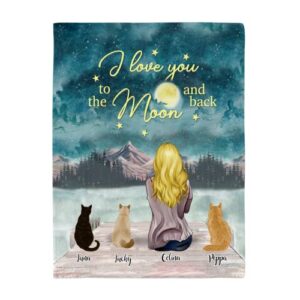 gossby personalized cat fleece blanket - custom cat mom gift with design, name, cat breed - birthday, mothers day, christmas cat lover women gift - i love you to the moon and back - girl and 3 cats