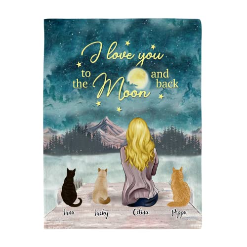 Gossby Personalized Cat Fleece Blanket - Custom Cat Mom Gift with Design, Name, Cat Breed - Birthday, Mothers Day, Christmas Cat Lover Women Gift - I Love You to The Moon and Back - Girl and 3 Cats