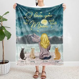 Gossby Personalized Cat Fleece Blanket - Custom Cat Mom Gift with Design, Name, Cat Breed - Birthday, Mothers Day, Christmas Cat Lover Women Gift - I Love You to The Moon and Back - Girl and 3 Cats