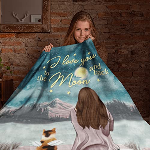 Gossby Personalized Cat Fleece Blanket - Custom Cat Mom Gift with Design, Name, Cat Breed - Birthday, Mothers Day, Christmas Cat Lover Women Gift - I Love You to The Moon and Back - Girl and 3 Cats