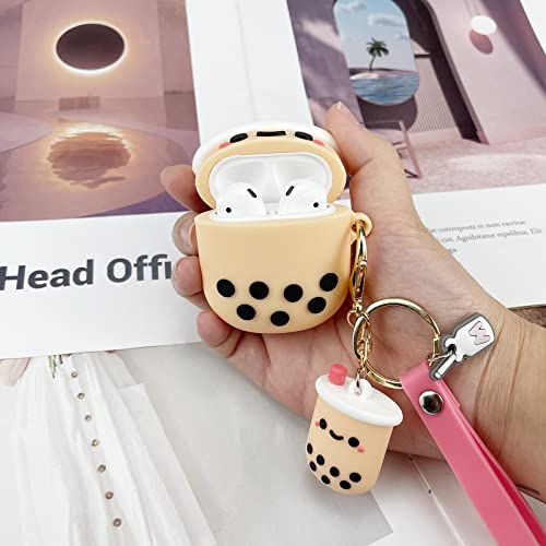 AIIEKZ Cute Airpods Case with Boba Keychain,Girly Pink Boba Milk Tea Silicone Protective Case Compatible with AirPods 2&1 Generation Case for Girls and Women
